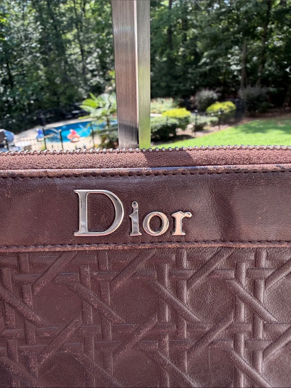 Dior  Authentic Dark Brown Embossed Leather zip -Around Wallet
